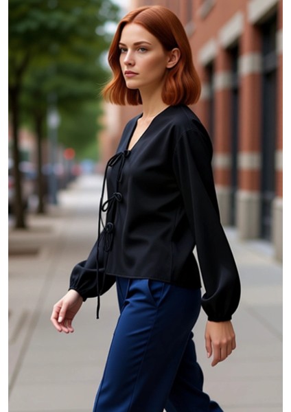 Kareli Bağlamalı Kadın Bluz V Yaka Balon Kol Detaylı Kısa Kesim Dokuma Üst Giyim Günlük Şıklık