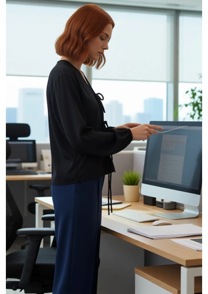 Kareli Bağlamalı Kadın Bluz V Yaka Balon Kol Detaylı Kısa Kesim Dokuma Üst Giyim Günlük Şıklık modelleri