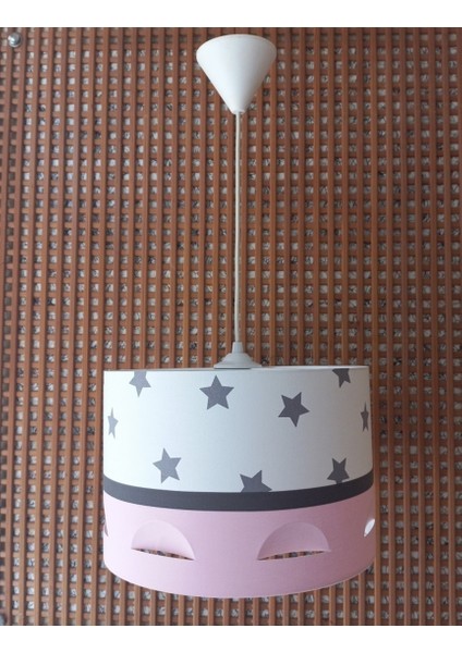 Beyaz Yıldızlı Pembe M-362 Motifli Avize Kumaş Kaplama Çocuk Odası ve Bebek Odası Avize Sarkıt
