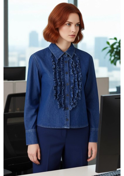 Kadın Denim Gömlek Fırfır Detaylı Uzun Kol Fonksiyonel Dayanıklı Kaliteli Konforlu Estetik fırsatları