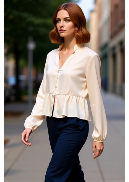Kadın Vizon Saten Hakim Yaka Büzgülü Crop Gömlek Fonksiyonel Dayanıklı Kaliteli Konforlu Şık
