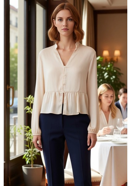 Kadın Vizon Saten Hakim Yaka Büzgülü Crop Gömlek Fonksiyonel Dayanıklı Kaliteli Konforlu Şık fiyatları