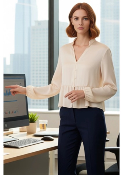 Kadın Vizon Saten Hakim Yaka Büzgülü Crop Gömlek Fonksiyonel Dayanıklı Kaliteli Konforlu Şık modelleri