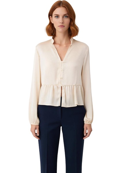 Kadın Vizon Saten Hakim Yaka Büzgülü Crop Gömlek Fonksiyonel Dayanıklı Kaliteli Konforlu Şık fırsatları