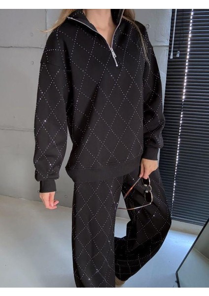 5731 Baklava Taşlı Fermuarlı Eşofman Takımı Siyah