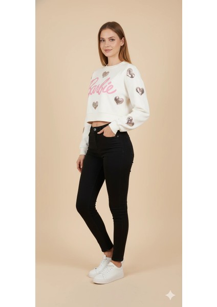 Kadın Barbie Yazılı Crop Sweat Payetli Kalp Detaylı Yuvarlak Yaka Basic Kısa Sweat