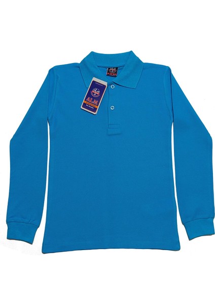 Turkuaz Uzun Kol Düz Renk Yakalı 6-17 Yaş Çocuk Okul Lakos Sweat Polo Yaka Sweatshirt