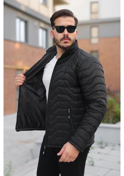 Erkek Kışlık Fermuarlı Günlük Kapitone Siyah Şişme Mont