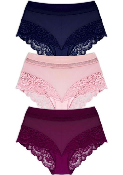 Dantel Detaylı Transparan Büyük Beden Bikini Külot 3'lü Paket-2