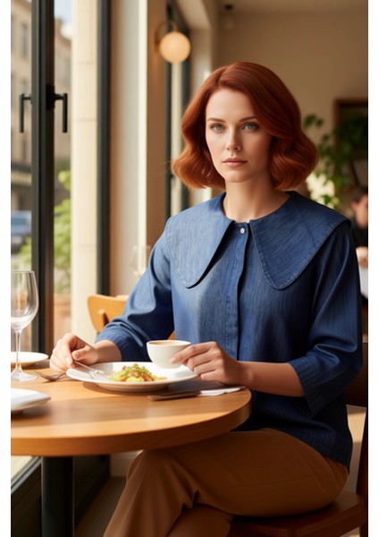 Kadın Truvakar Kol Bebek Yaka Denim Gömlek Fonksiyonel Dayanıklı Kaliteli Konforlu Estetik modelleri