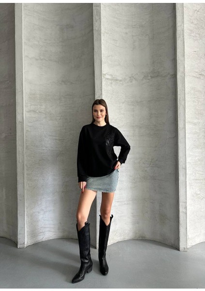 Çiçek Desenli Ipek Siyah Sweatshirt modelleri