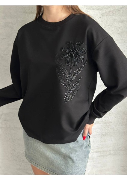 Çiçek Desenli Ipek Siyah Sweatshirt indirimleri