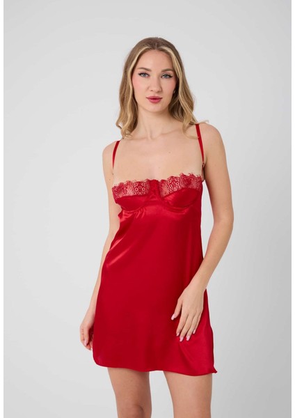 Dantel Detaylı Ayarlanabilir Askılı Kırmızı Gecelik