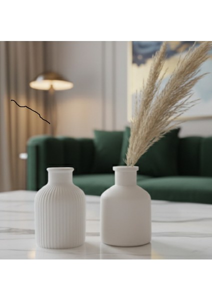 Pampas Hediyeli 2'li Beyaz Vazo Seti, Iskandinav Vazo Seti, Hedye Pampas 10CM modelleri