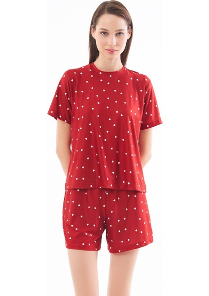 Premium Şortlu Kadın Pijama Takımı Kırmızı Kalp Desenli Yumuşak Dokulu Bisiklet Yaka Kısa Kollu