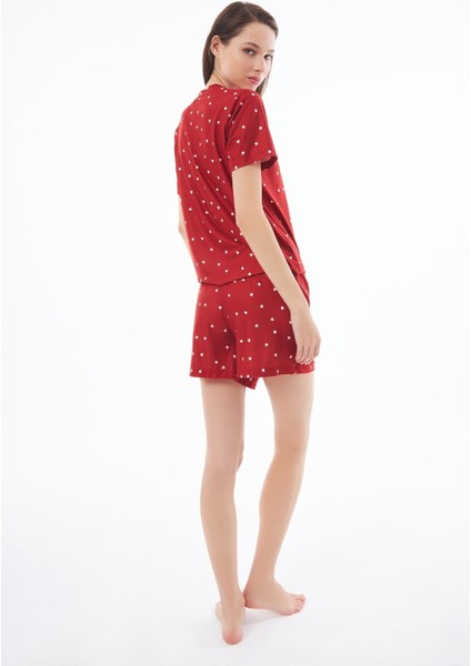 Premium Şortlu Kadın Pijama Takımı Kırmızı Kalp Desenli Yumuşak Dokulu Bisiklet Yaka Kısa Kollu fiyatları