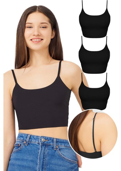 Ayarlanabilir Ince Askılı Lazer Kesim Crop Büstiyer 3'lü Paket-3