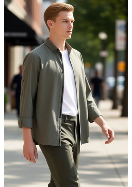 Erkek Casual Slim Fit Keten Görünümlü Apoletli Düğmeli Yaka Uzun Kollu Pamuk Gömlek Modern indirimleri