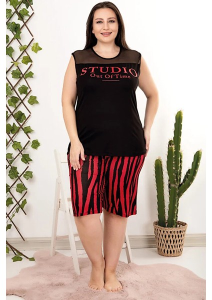 Lady Büyük Beden Çizgili Sıfır Kollu Dantel Detaylı Şortlu Pijama Takımı