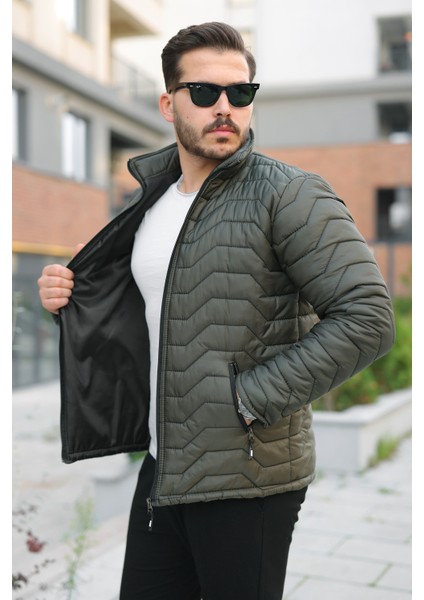 Erkek Kışlık Fermuarlı Günlük Kapitone Haki Şişme Mont