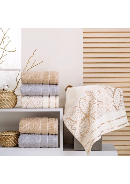 Kadife Jakarlı Yaprak Desenli 6 Adet 50X90 cm El Yüz Havlusu Gri-Kahve-Bej