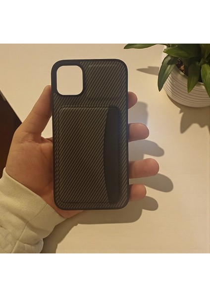iPhone 11 Uyumlu Rona Magcarbon Fiber Doku Manyetik Kılıf + Kartlık Cüzdan