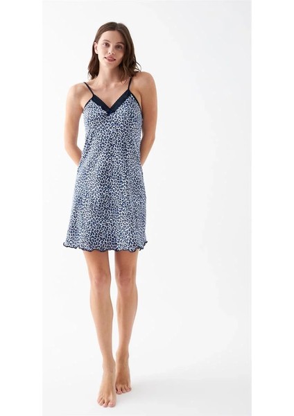 Kadın Mavi Leopar Desenli Dantel Detaylı Ip Askılı Gecelik fiyatları