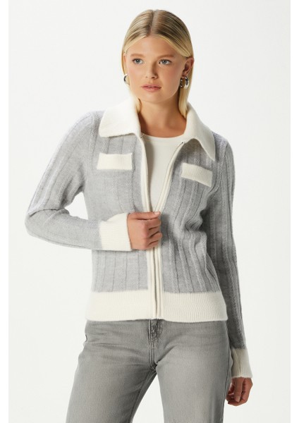 Alec Premium Fermuarlı Gri Ekru Triko Hırka