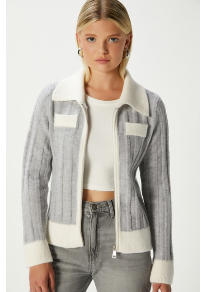 Alec Premium Fermuarlı Gri Ekru Triko Hırka fiyatları