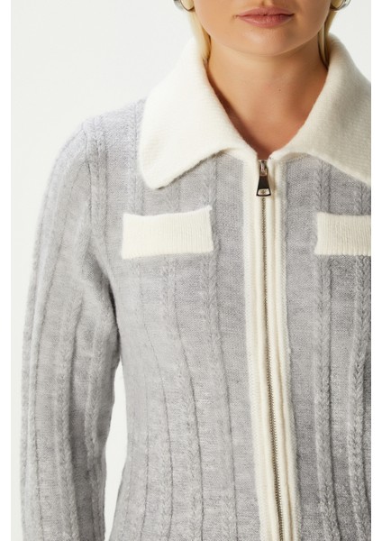 Alec Premium Fermuarlı Gri Ekru Triko Hırka fırsatları