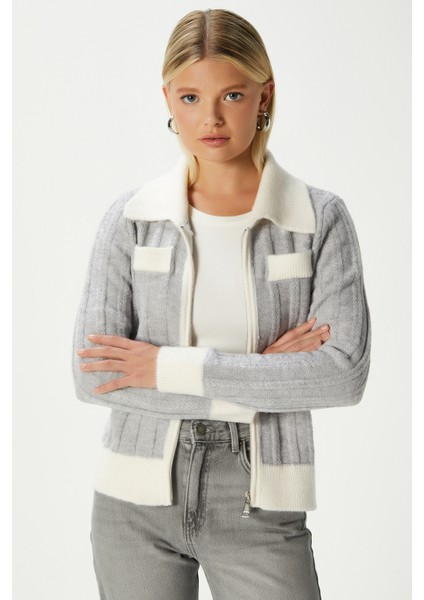 Alec Premium Fermuarlı Gri Ekru Triko Hırka indirimleri