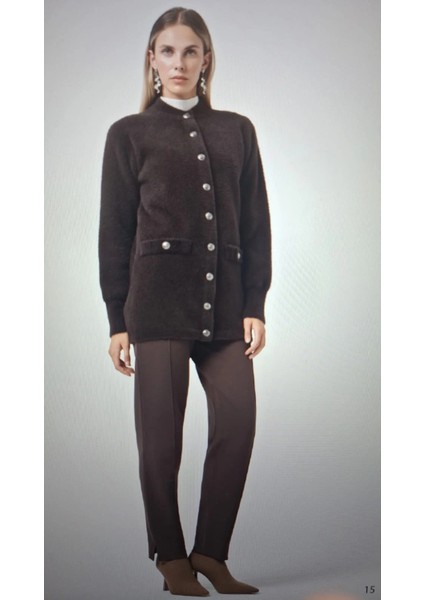 7008 Sahte Cep Detay Düğmeli Angora Hırka - Kahve