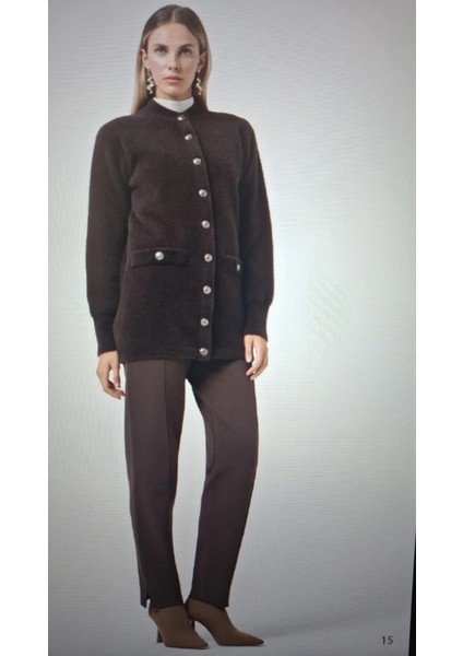 7008 Sahte Cep Detay Düğmeli Angora Hırka - Kahve fiyatları