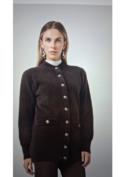 7008 Sahte Cep Detay Düğmeli Angora Hırka - Kahve fırsatları