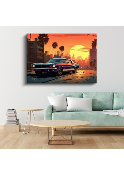 Ford Mustang Gt - Gün Batımı Şehir Manzarası Kanvas Tablo