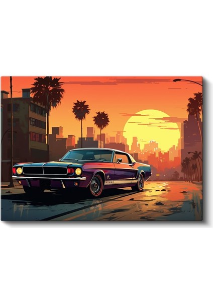 Ford Mustang Gt - Gün Batımı Şehir Manzarası Kanvas Tablo fiyatları