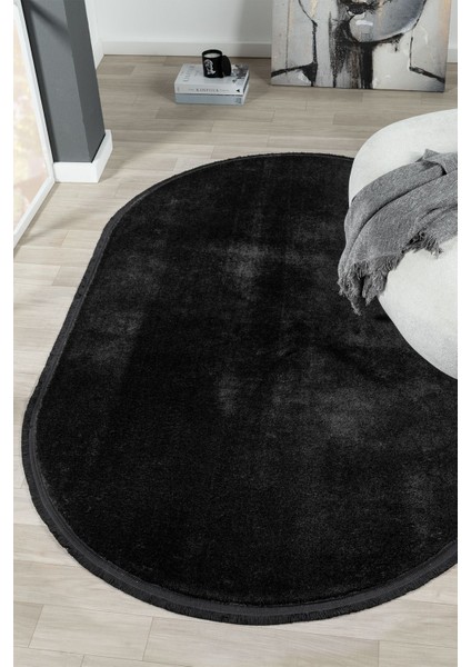 Cloudy Siyah Saçaklı Peluş Yumuşacık Yıkanabilir Kaymaz Taban Halı Salon Oturma Odası Koridor