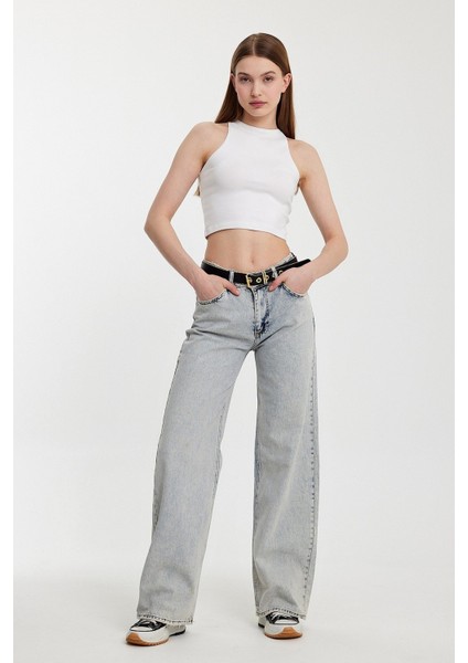 Geniş Paça Düşük Bel Kadın Jean Pantolon - Mavi Mavi - 28