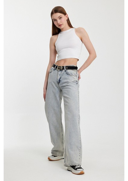 Geniş Paça Düşük Bel Kadın Jean Pantolon - Mavi Mavi - 28 modelleri