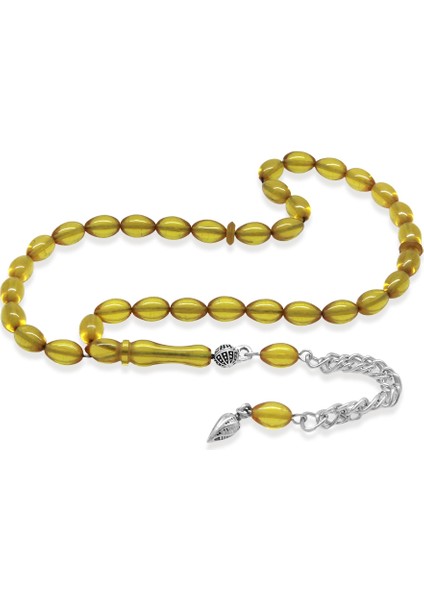 Ateş Kehribar Tesbih - Kararmaz Metal Püsküllü - Mini Boy - Sarı - Arpa Kesim