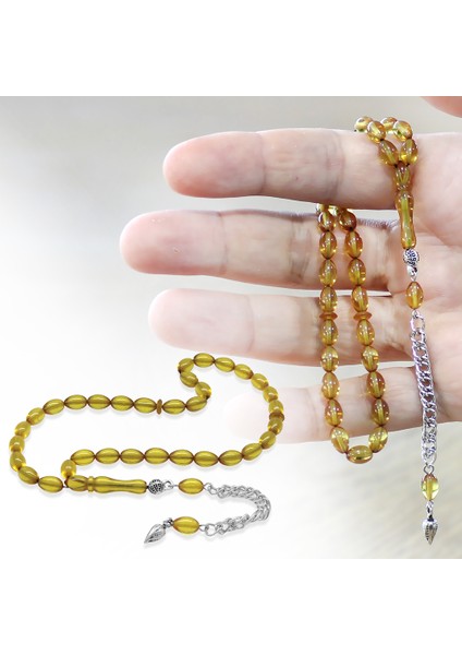 Ateş Kehribar Tesbih - Kararmaz Metal Püsküllü - Mini Boy - Sarı - Arpa Kesim fiyatları