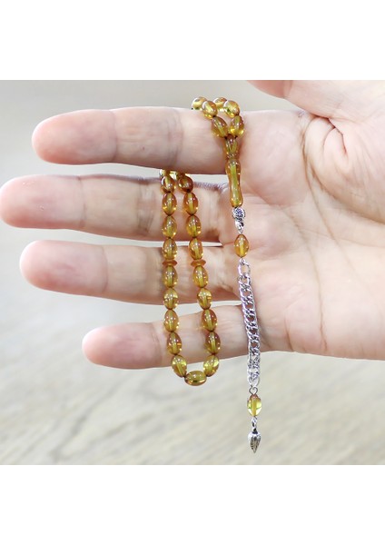 Ateş Kehribar Tesbih - Kararmaz Metal Püsküllü - Mini Boy - Sarı - Arpa Kesim modelleri