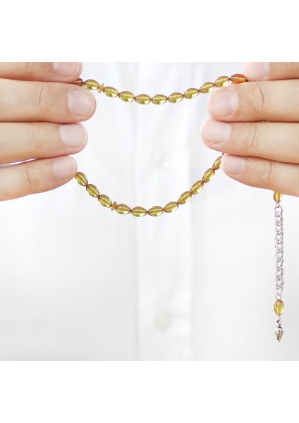 Ateş Kehribar Tesbih - Kararmaz Metal Püsküllü - Mini Boy - Sarı - Arpa Kesim fırsatları