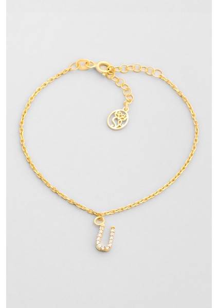 Ü Harfi 18 Ayar Sarı Altın Kaplama 18 cm Gümüş Bileklik