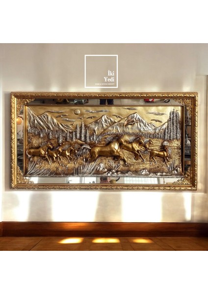 Sodiva 152 cm Altın Gümüş Varaklı At Rölyef Tablo – Lüks Kabartmalı Duvar Dekoru Ofis Ev Hediyesi