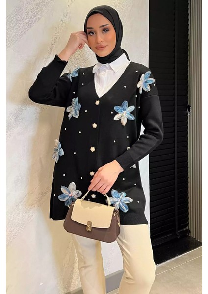 Taş Detaylı Çiçek Işlemeli Tesettür Triko Hırka P-00014665