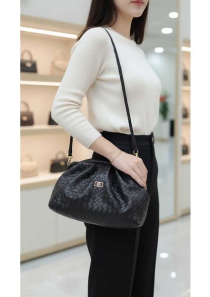 The Moiss Örgü Desenli Burslu Siyah Renk El Omuz Çantası