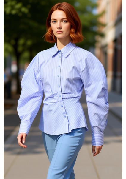 Kadın Çizgili Balon Kol Asimetrik Kesim Dokuma Gömlek Modern Görünümlerin Vazgeçilmezi Şık