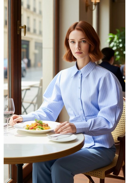 Kadın Çizgili Balon Kol Asimetrik Kesim Dokuma Gömlek Modern Görünümlerin Vazgeçilmezi Şık fiyatları