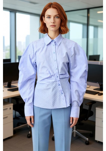 Kadın Çizgili Balon Kol Asimetrik Kesim Dokuma Gömlek Modern Görünümlerin Vazgeçilmezi Şık modelleri